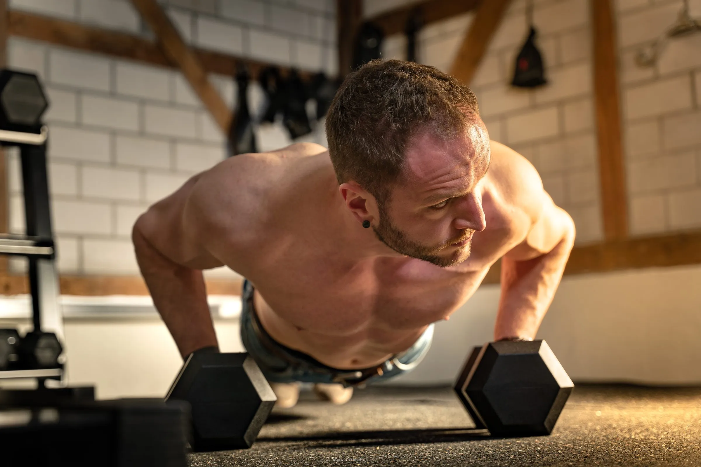 Liegestütze auf Kurzhanteln: Stefan Aßmus im FARMGYM Mühlacker